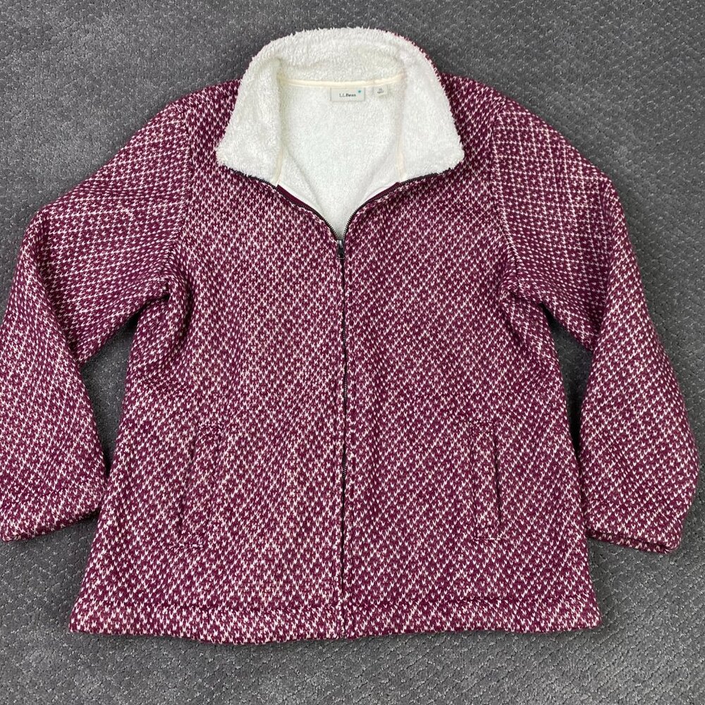 LL Bean Fleece Full Zip Jacket Womens XL Petite Red Anorak Diamond Fleece sherpa